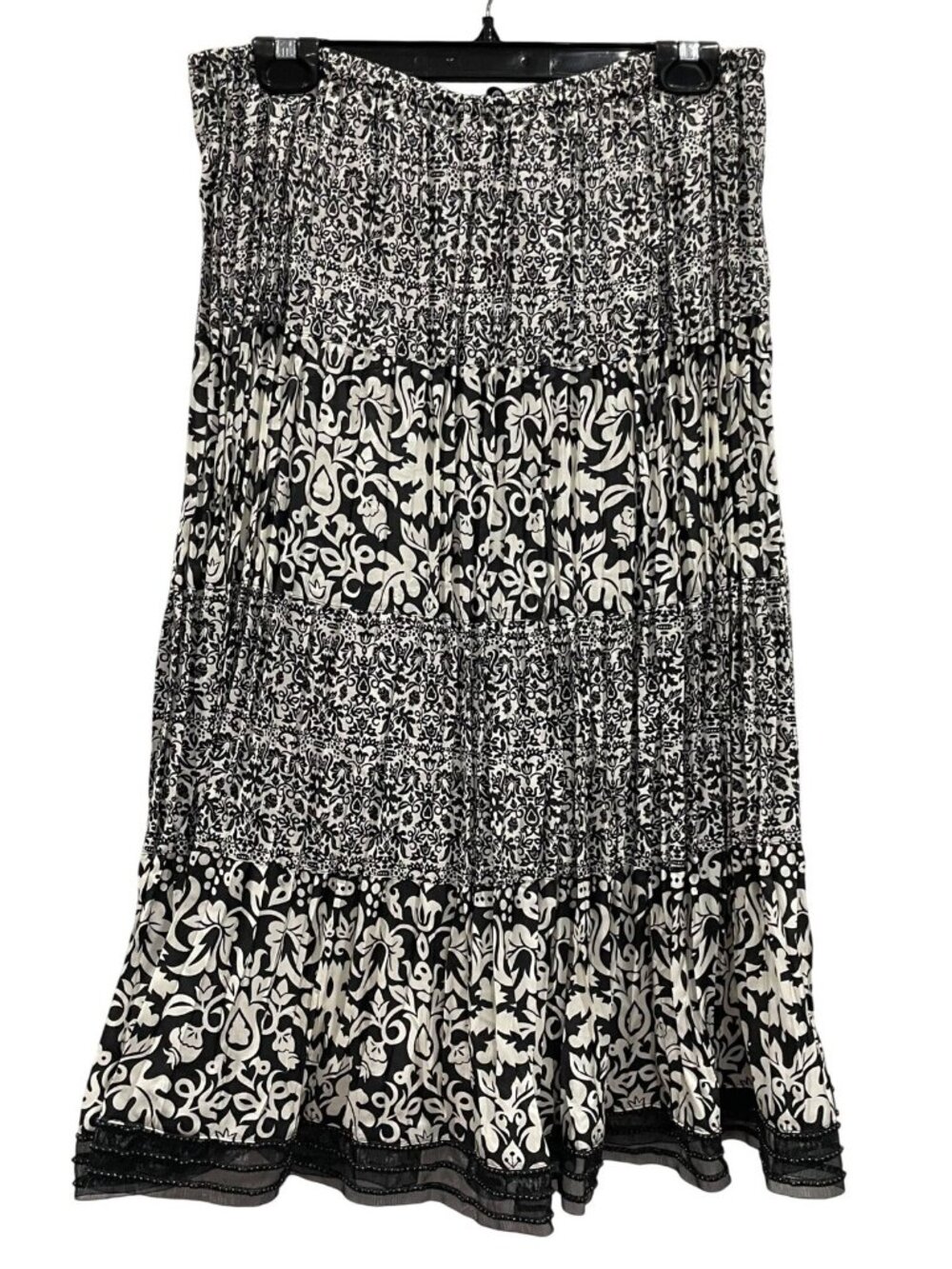 WHBM Silk Midi Skirt Size XL Black Floral Tiered Lace Boho Festival Fairy Grunge
